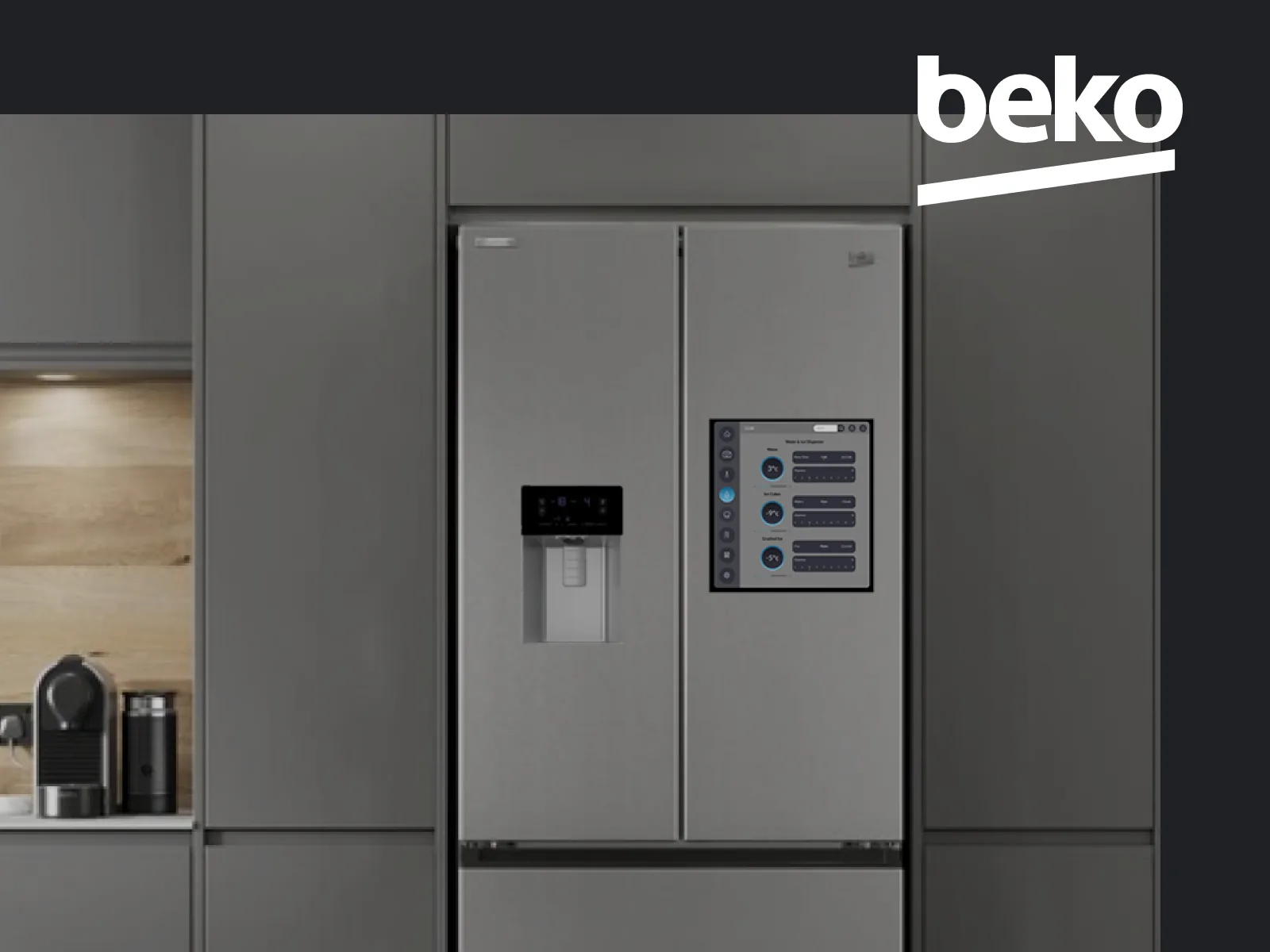 Smart fridge in a kitchen with a touchscreen interface panel