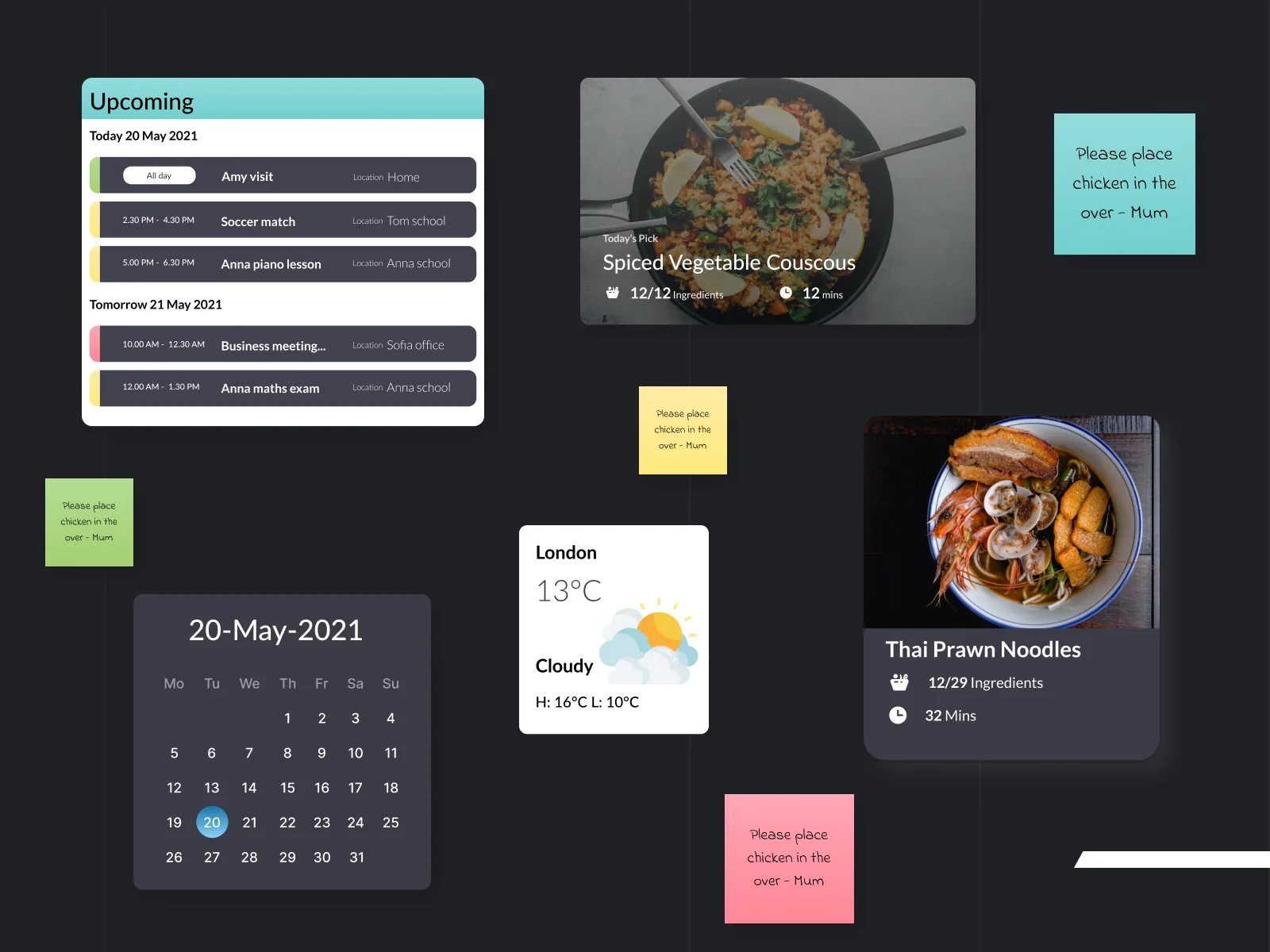 Floating fridge UI cards for schedule, recipe, weather and calendar