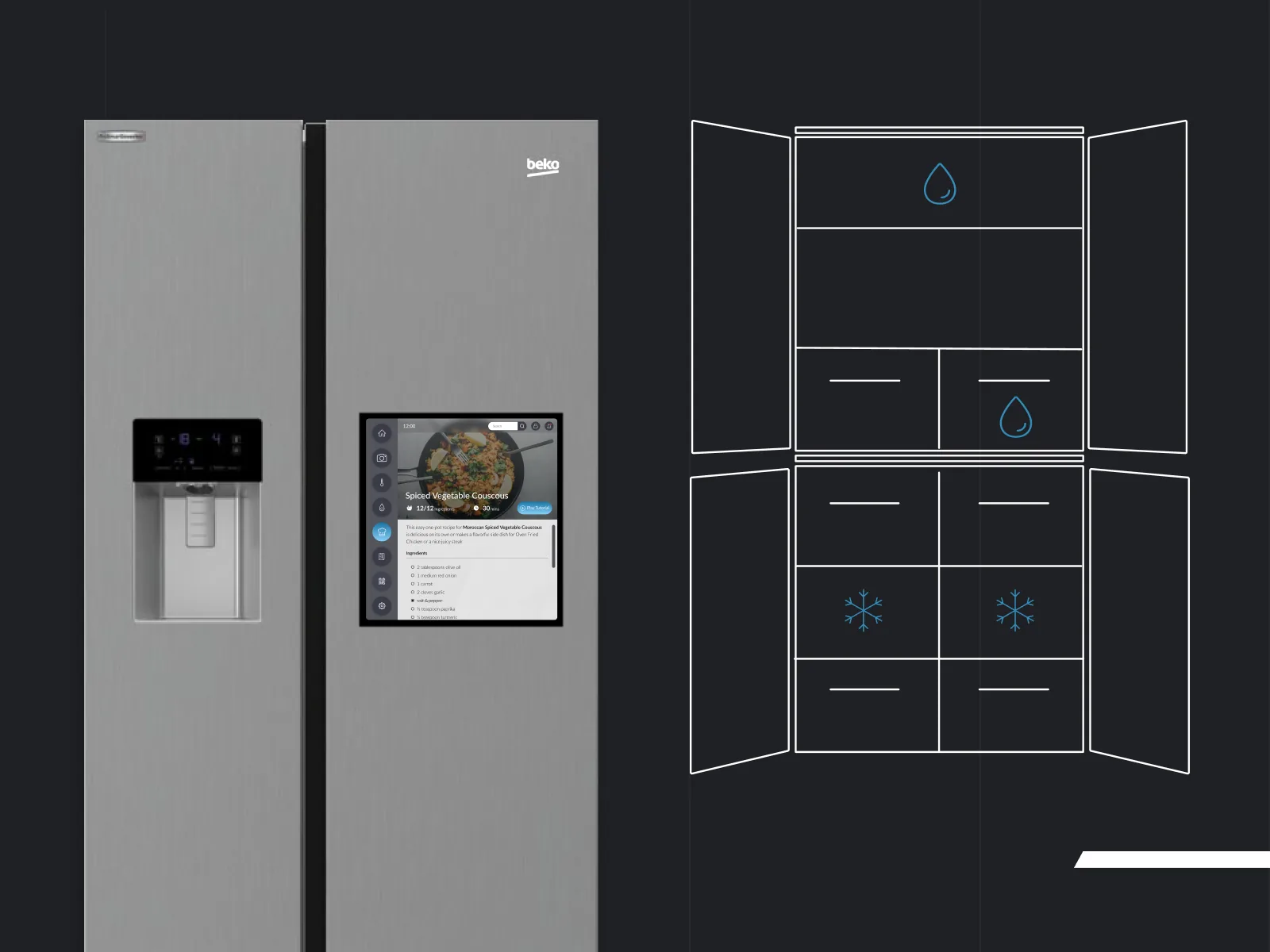 Fridge photo with recipe screen beside a wireframe fridge layout