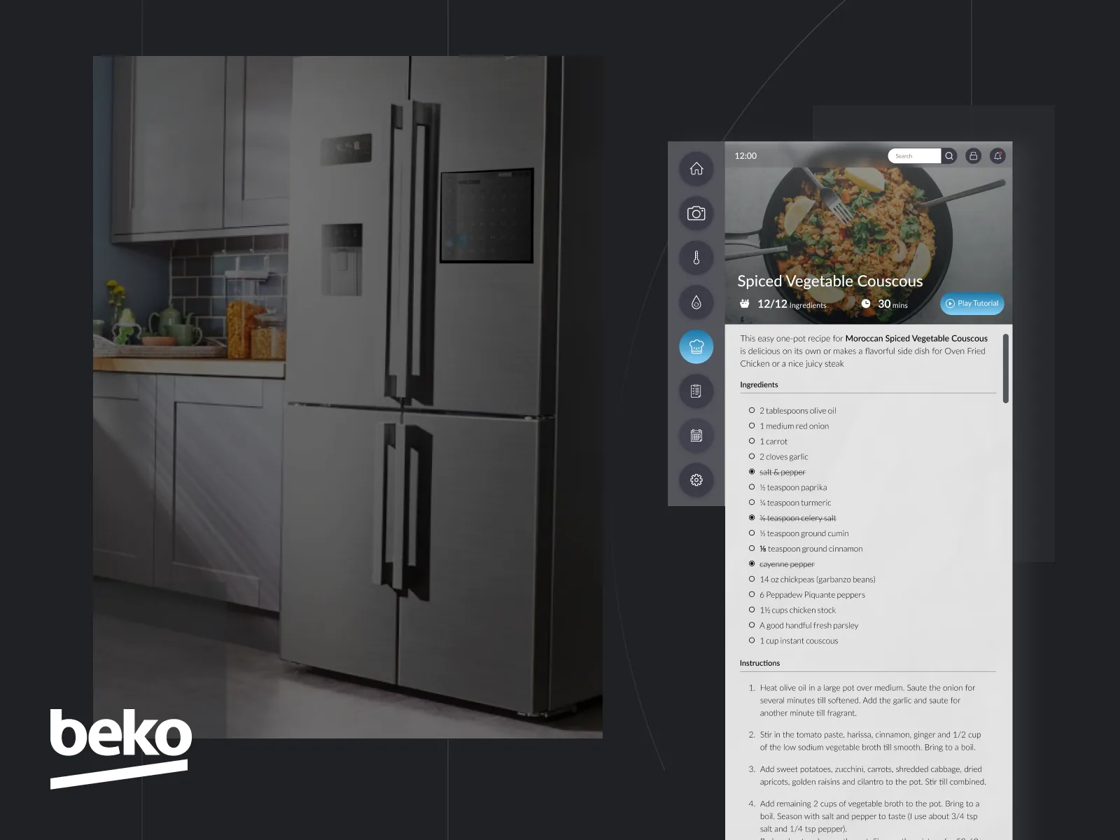Fridge in a kitchen beside a recipe detail screen overlay