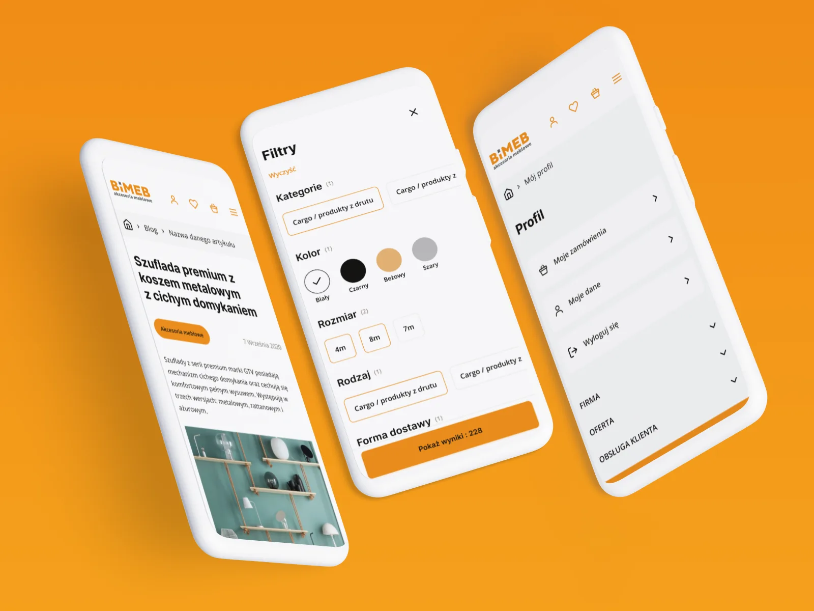 Three Android phones showing article, filter panel and account menu