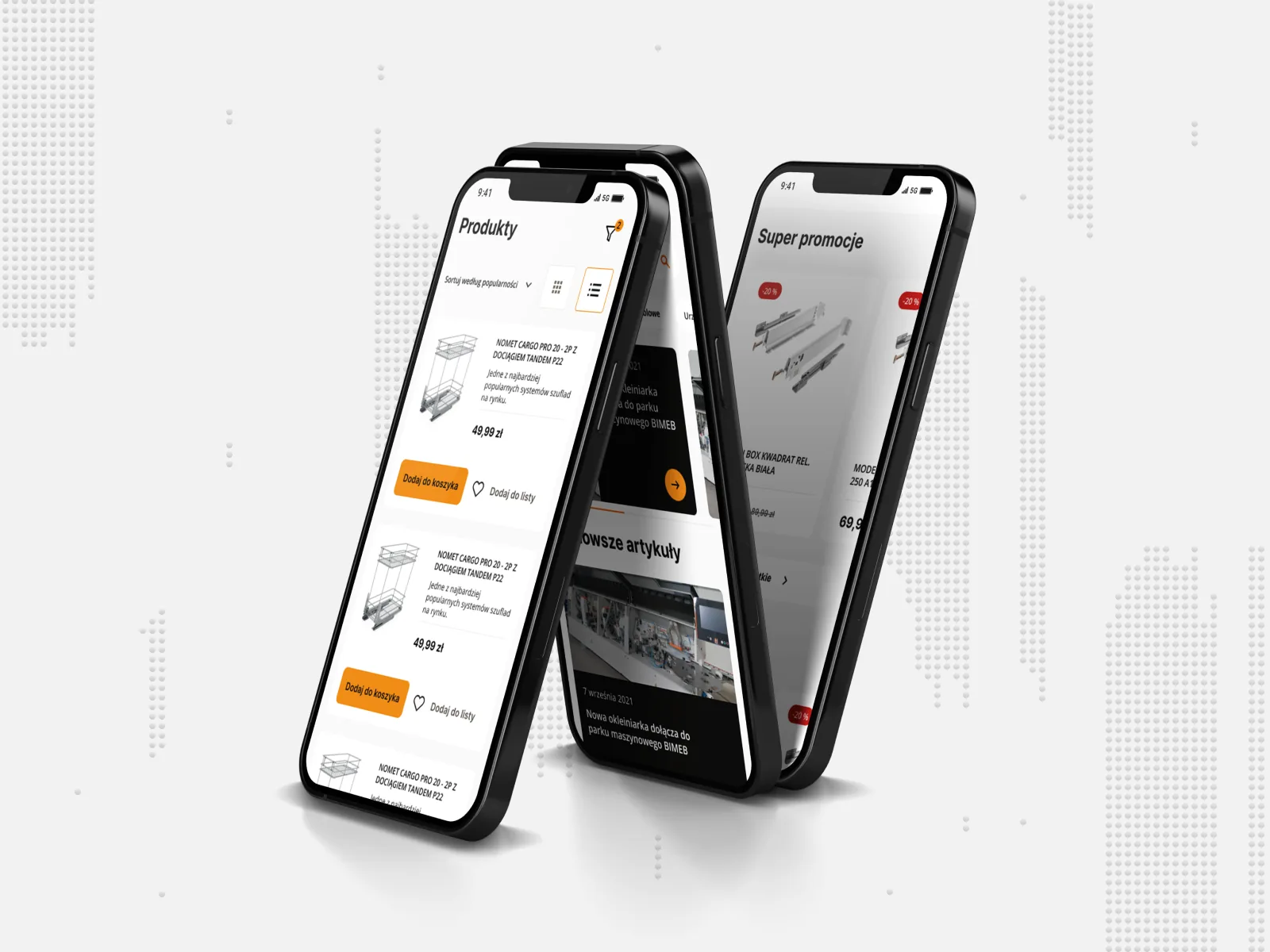 Two phones showing product listing and promotions screens