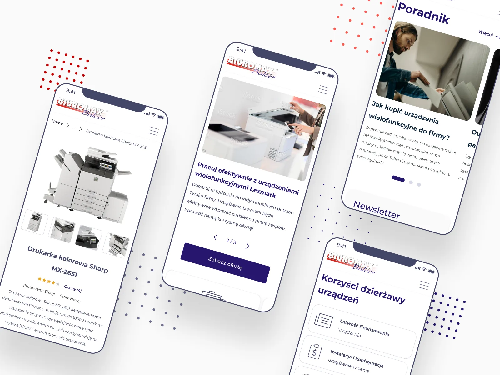 Mobile screens showing product page, guide and rental benefits