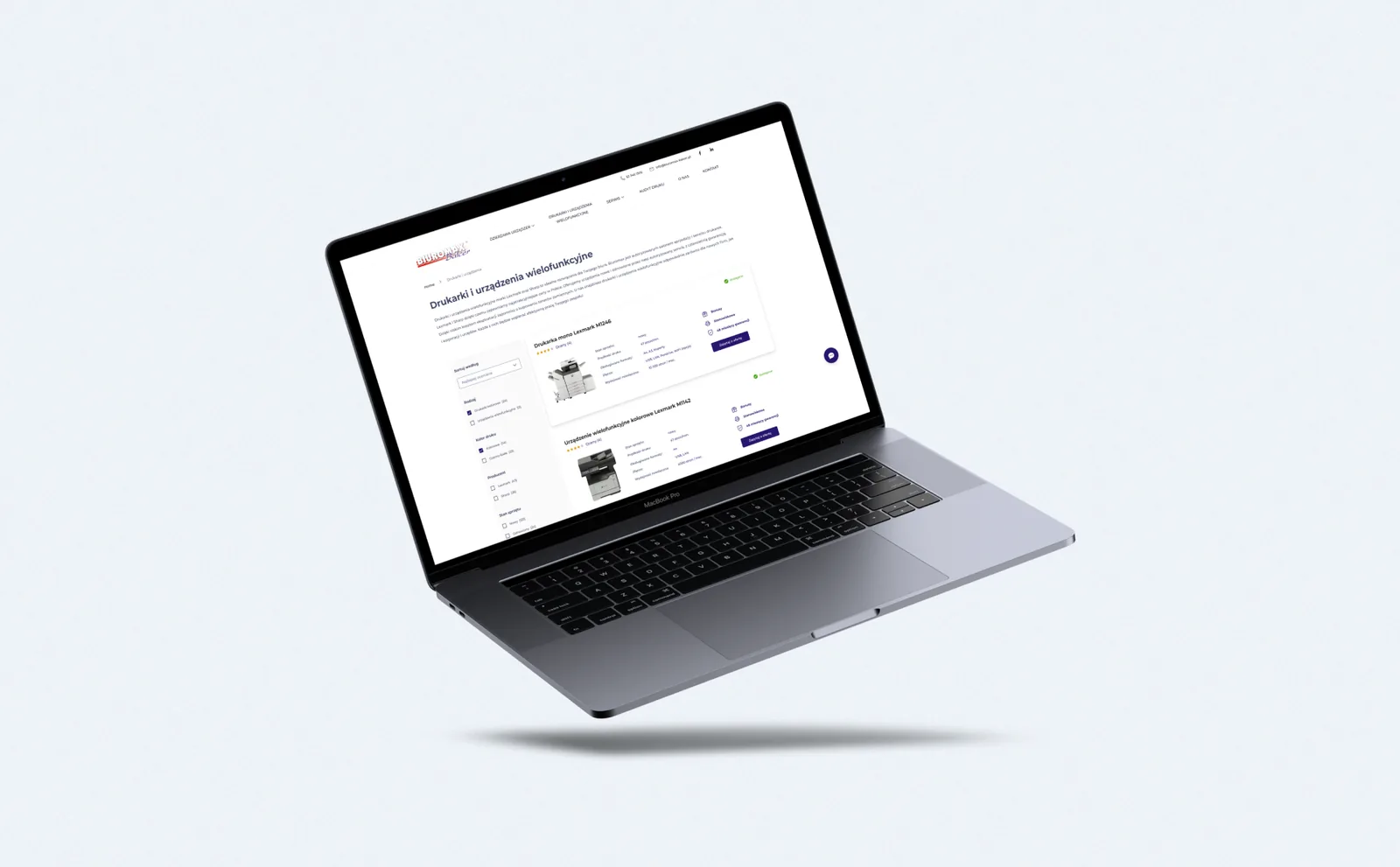 Floating laptop mockup showing a product listing page