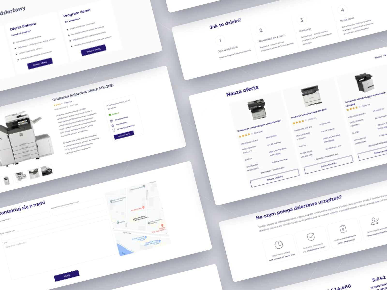 Tilted webpage mockups with product detail, process steps and contact map