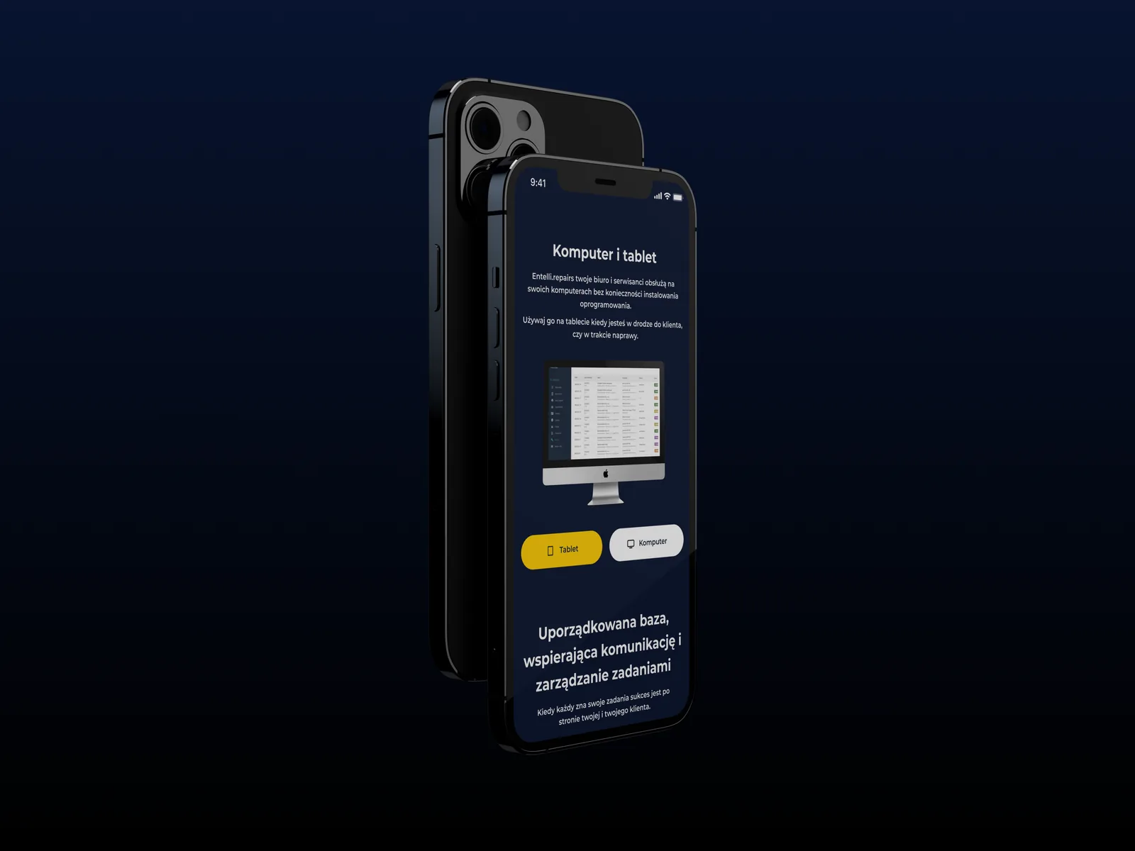 Two stacked phone mockups with a tablet and computer toggle