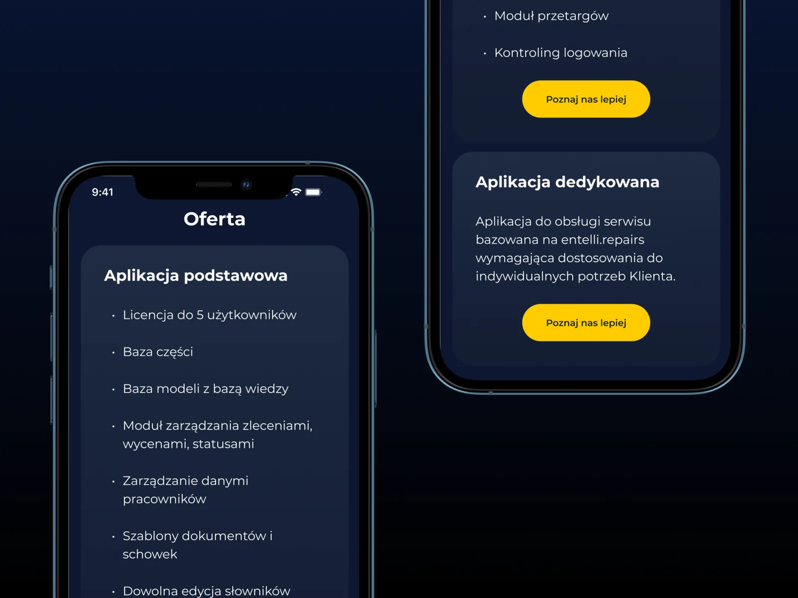 Two phone mockups showing pricing tiers as feature lists