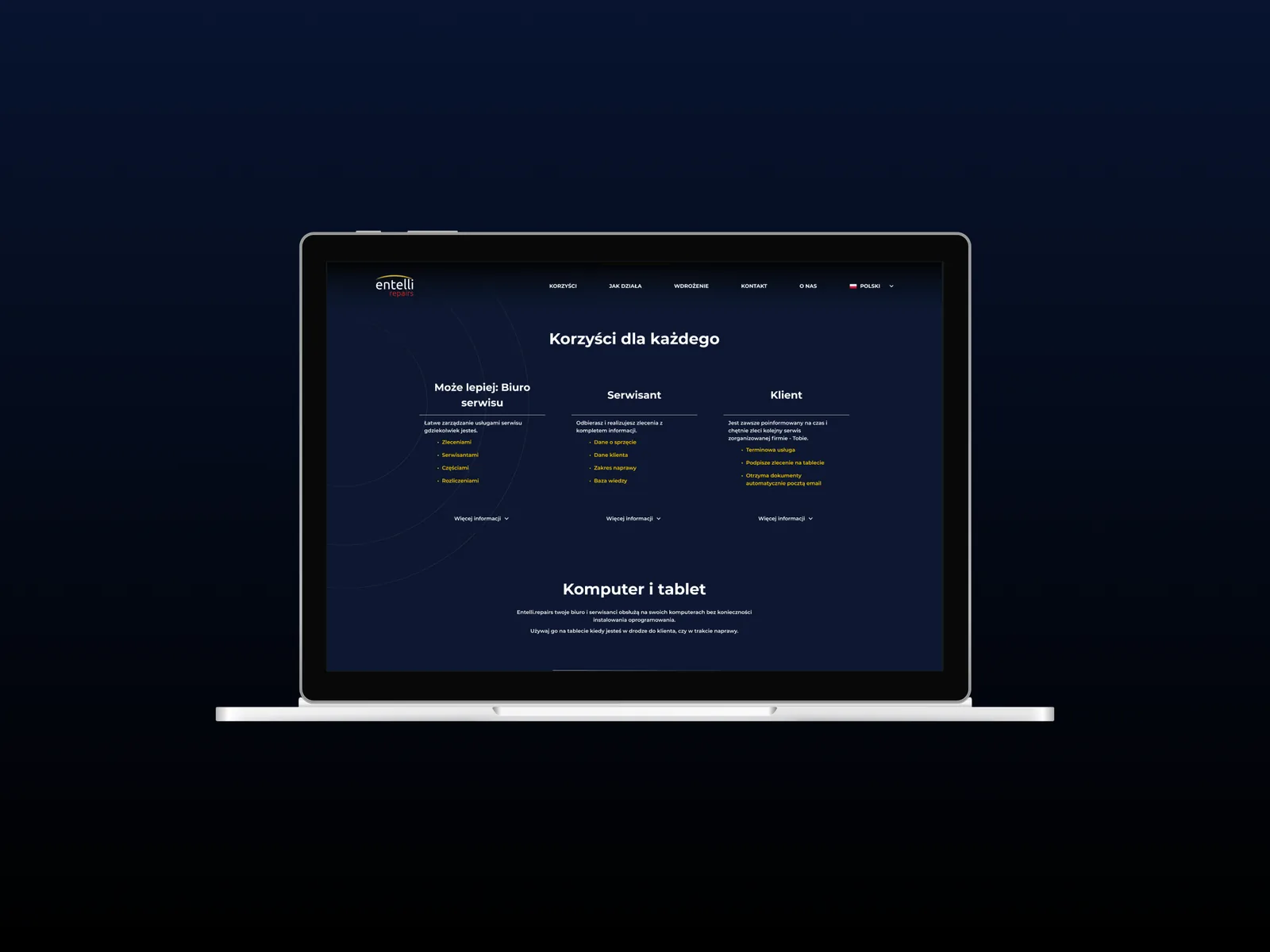 Laptop mockup showing a three-column benefits overview