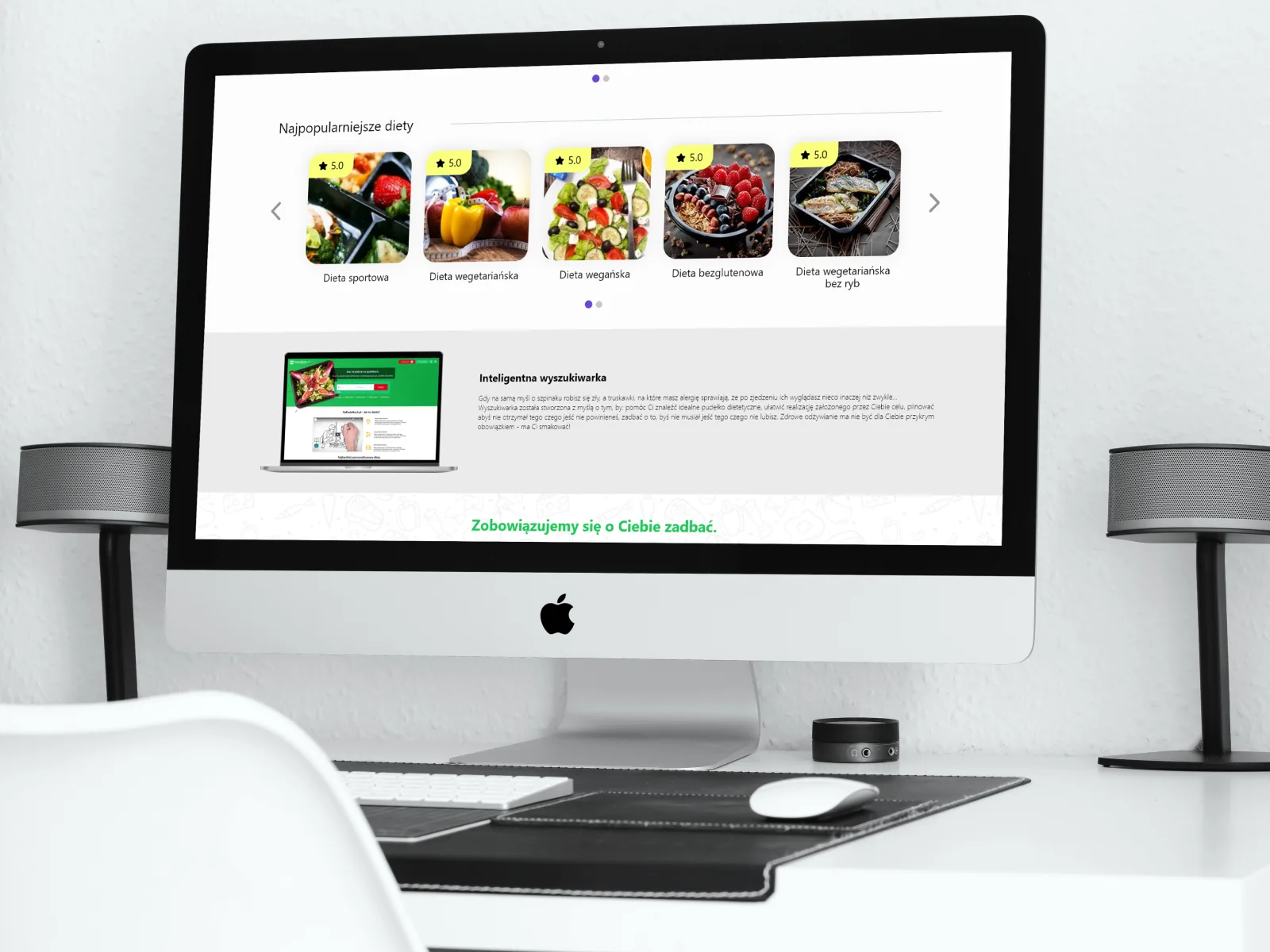 Desktop monitor showing a diet carousel and search section
