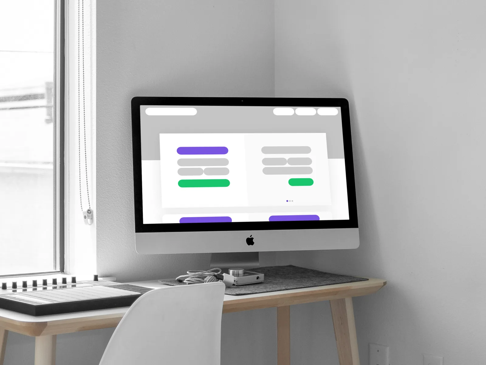 Lo-fi wireframe of a page layout on a desktop monitor