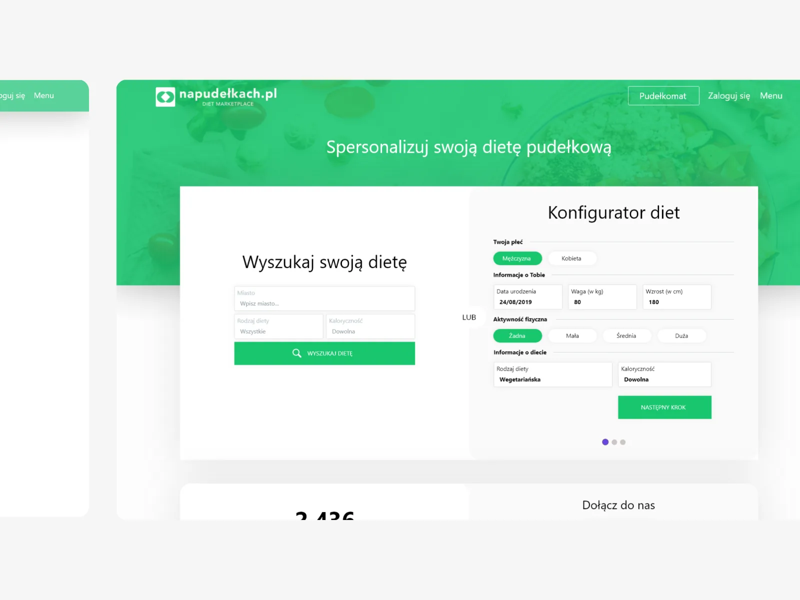Flat screenshot of a diet marketplace search and configurator