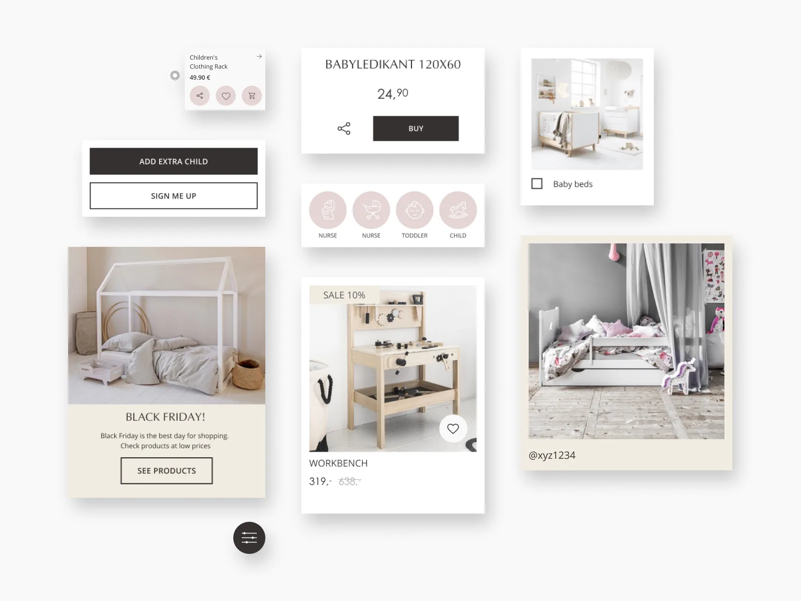 Floating UI component cards, product tiles and sale promo banners