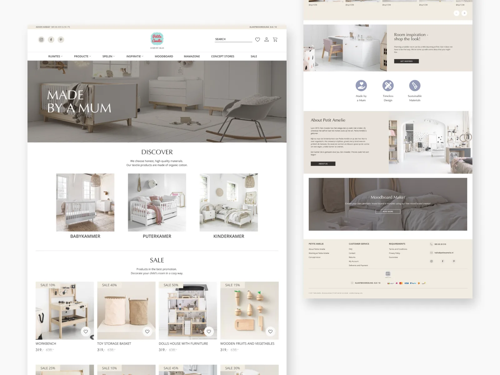 Two desktop webpage mockups of a storefront homepage and sale grid
