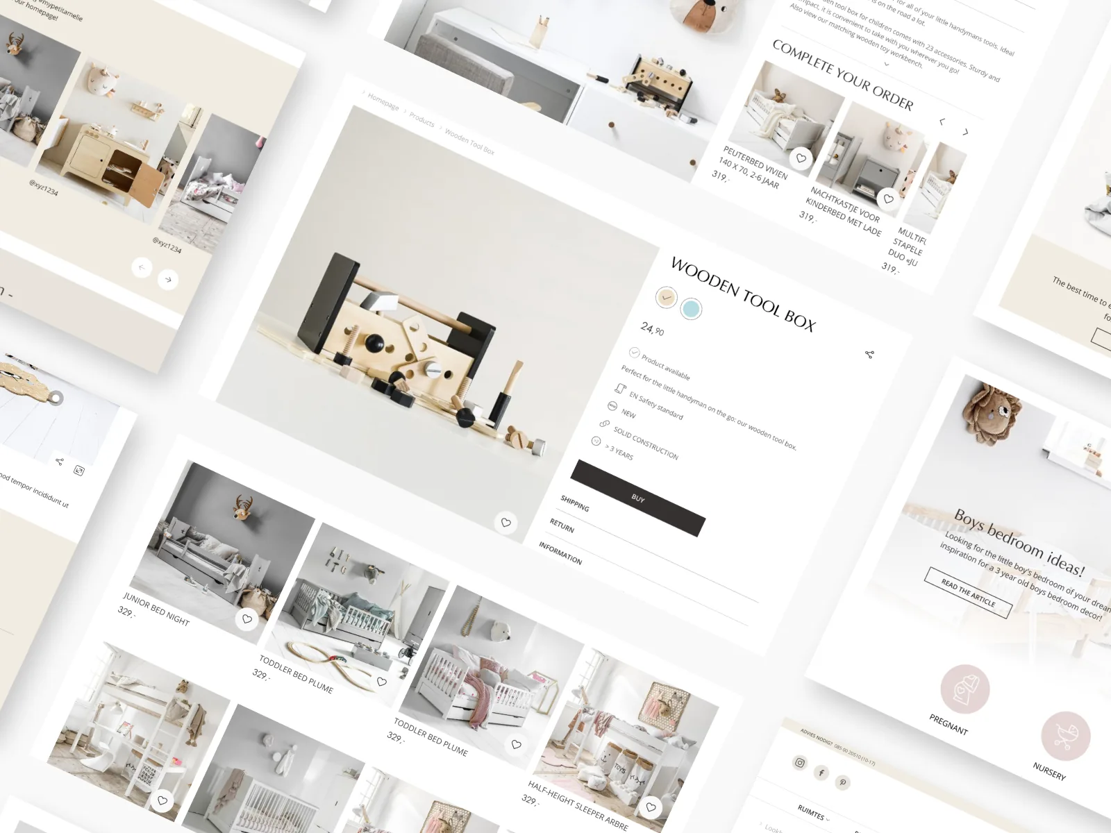 Tilted mobile screens showing a product detail page and related items
