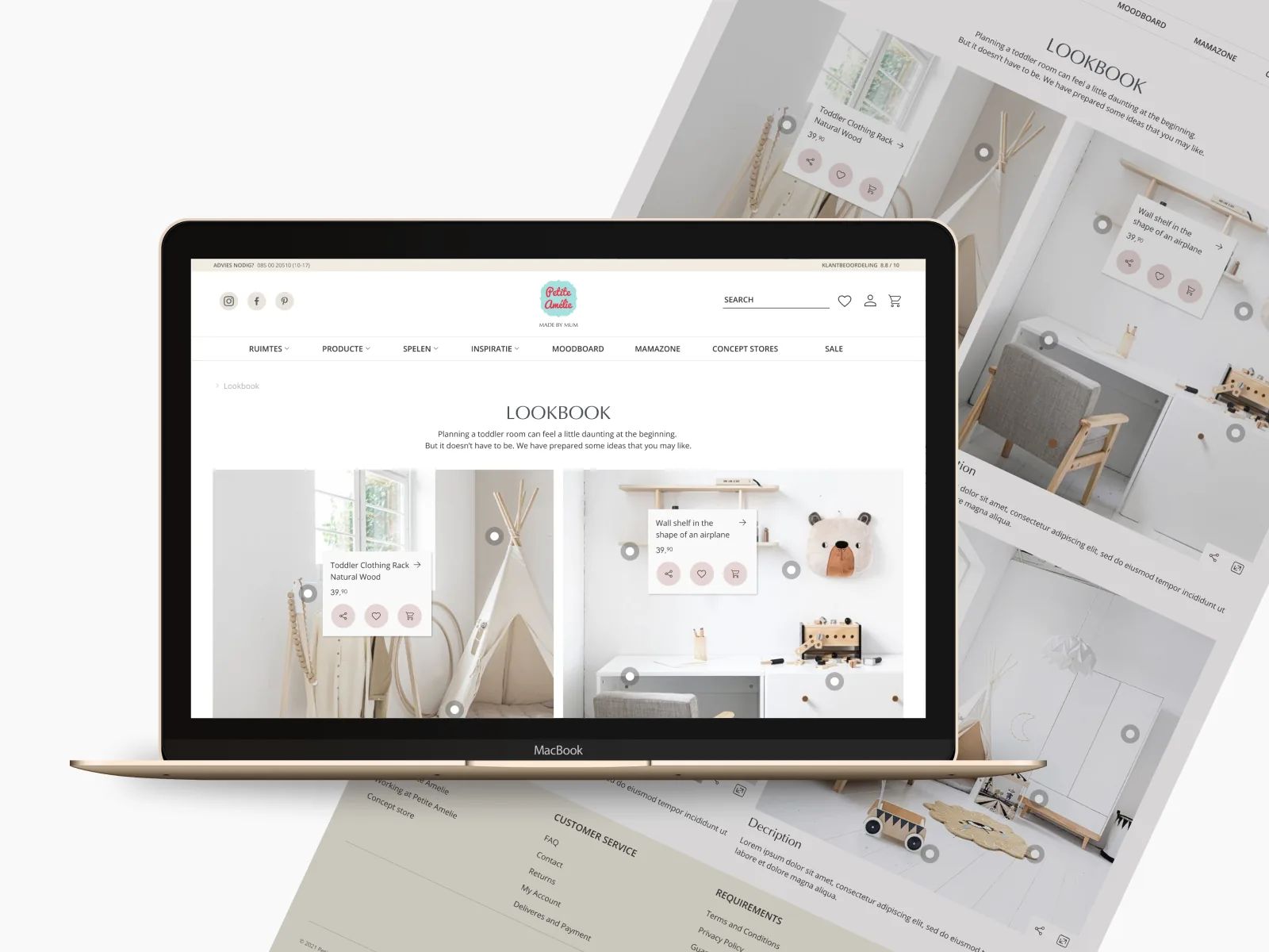 MacBook mockup showing a lookbook page with product hotspots
