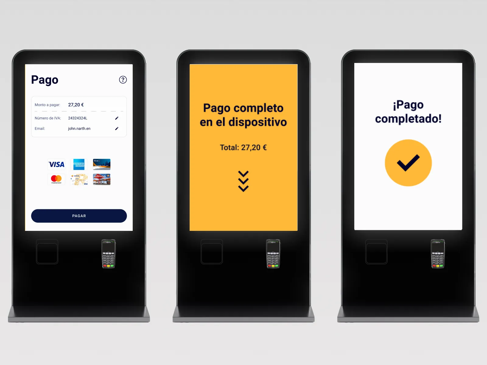 Three payment kiosks showing payment, processing and confirmation screens