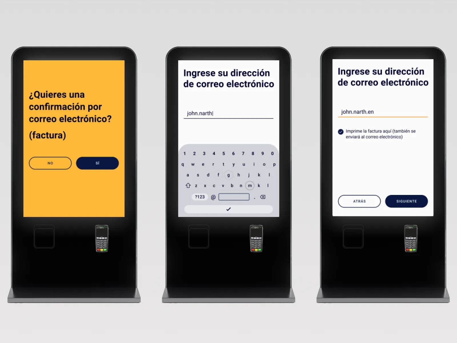 Three kiosks showing email confirmation prompt and address entry