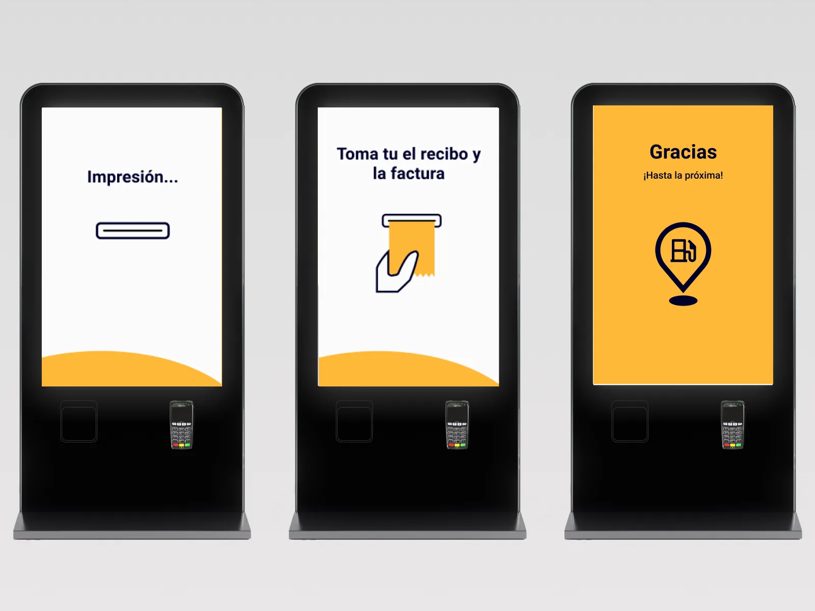 Three kiosks showing printing, receipt collection and thank you screens