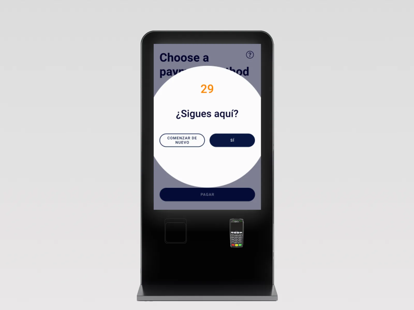 Payment kiosk screen with an inactivity timeout dialog