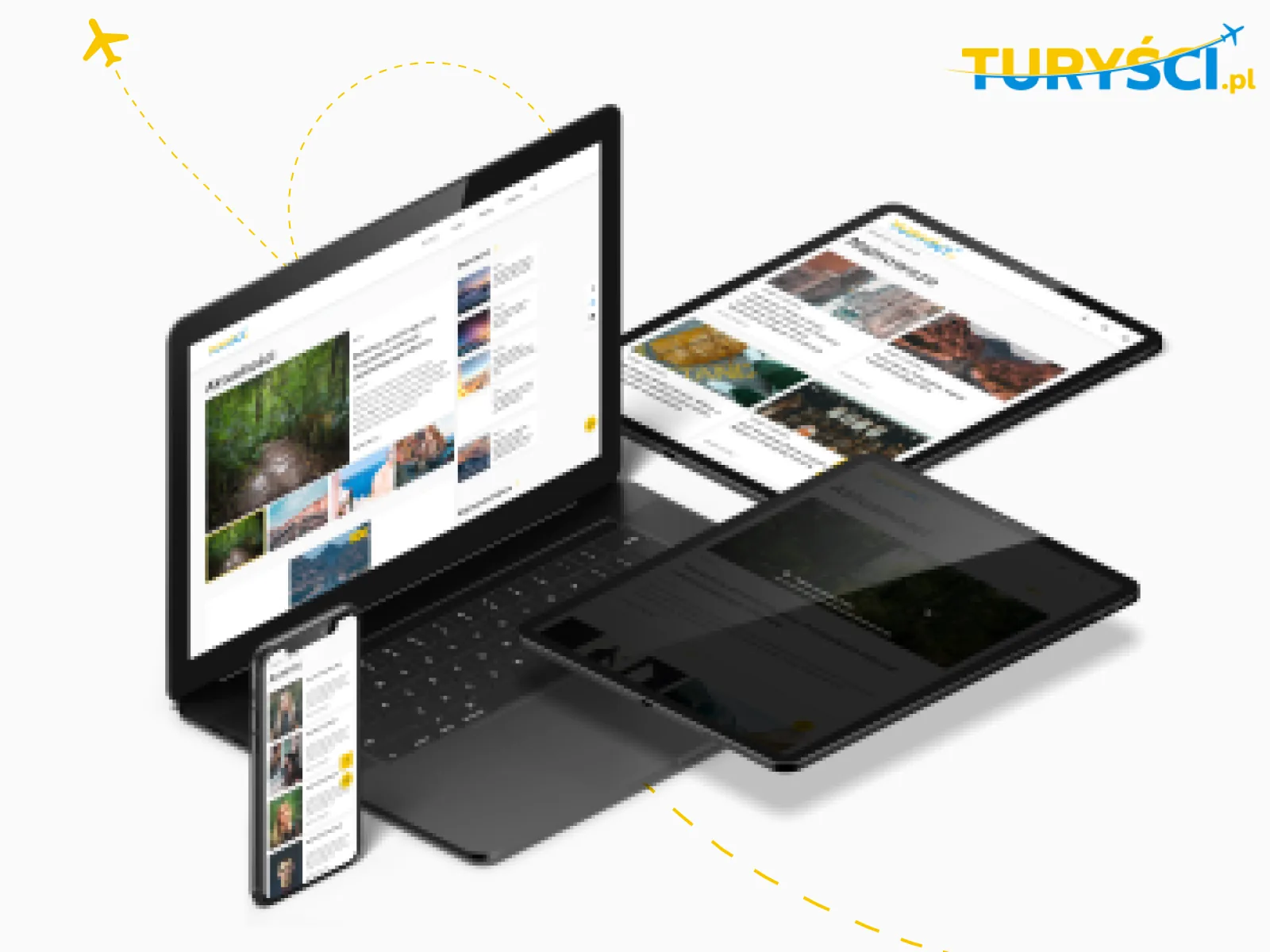 Isometric mockup of laptop, tablet and phone showing a travel news site