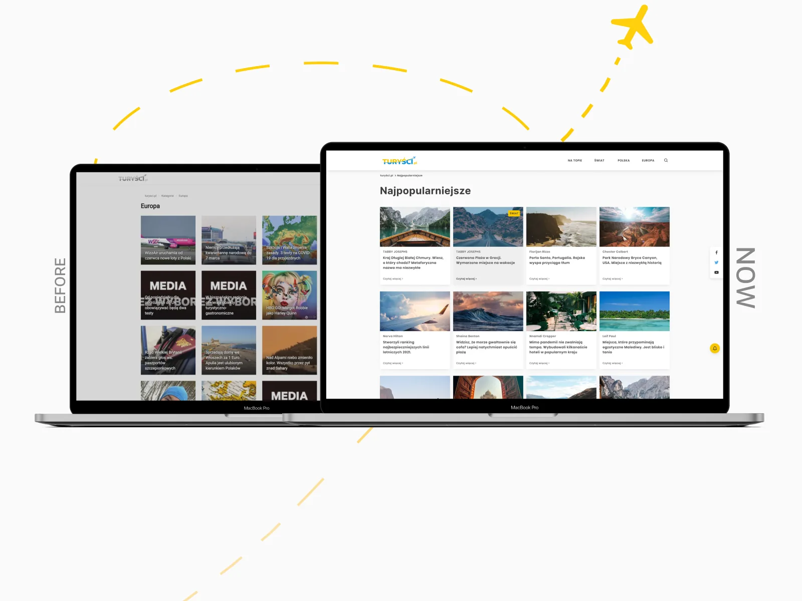Before and after laptop screens showing a category grid redesign