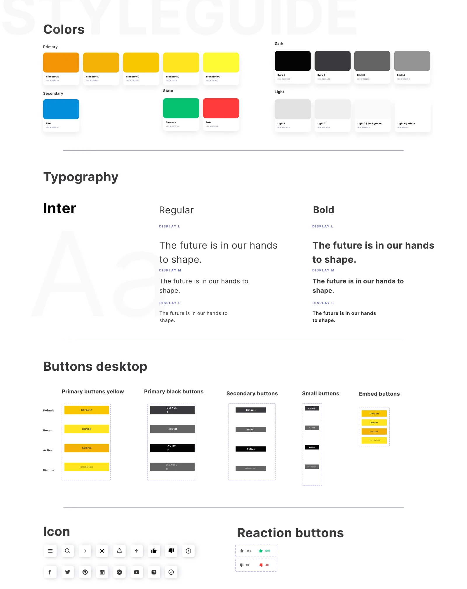 Style guide sheet with colour palette, typography and button states