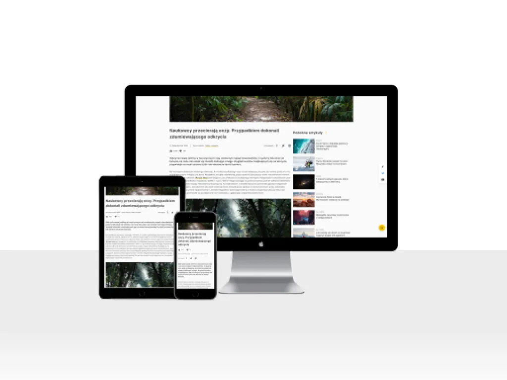 Desktop, tablet and phone mockups showing a responsive article layout