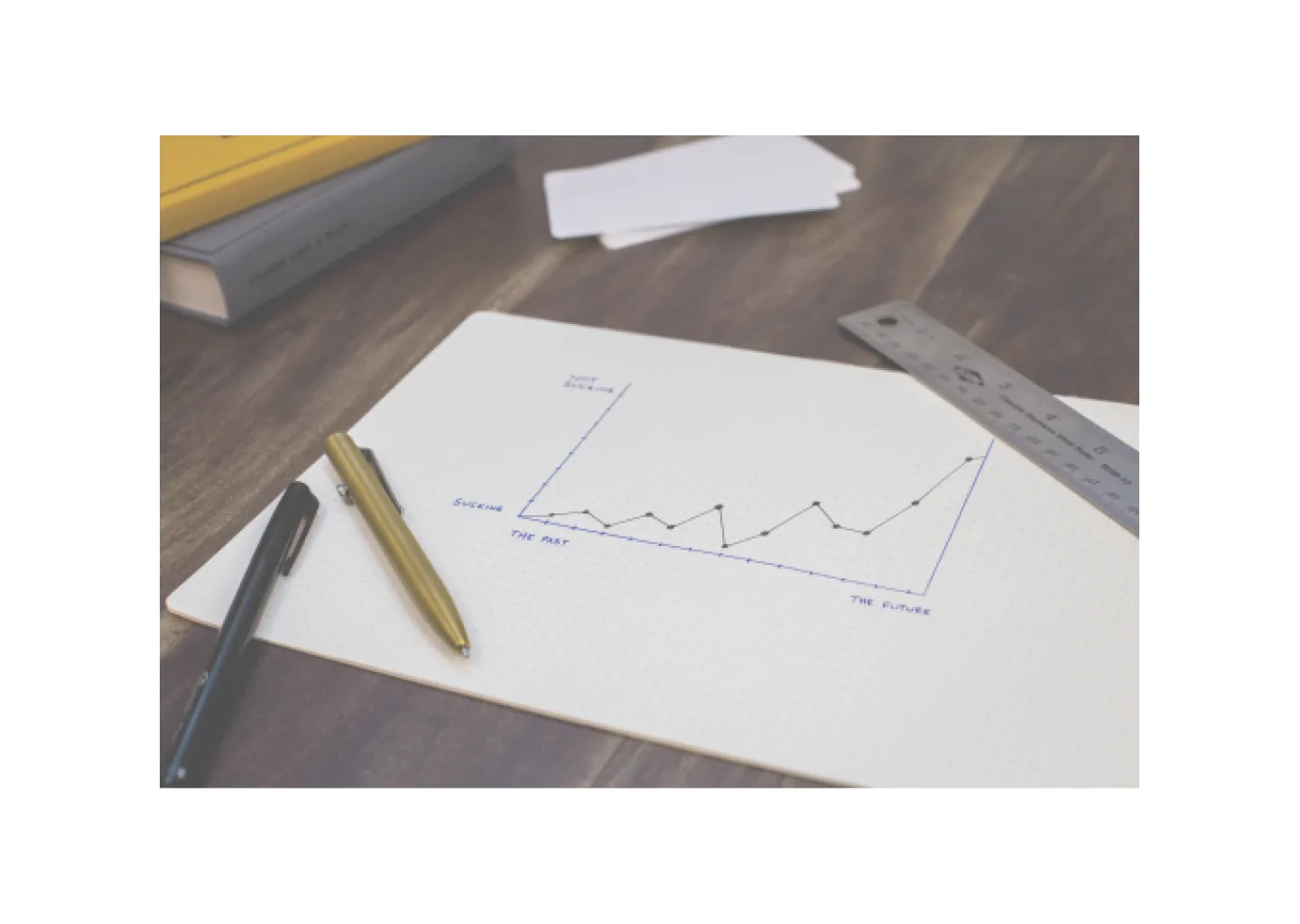 Hand-drawn graph on a dot-grid notebook beside pens and a ruler