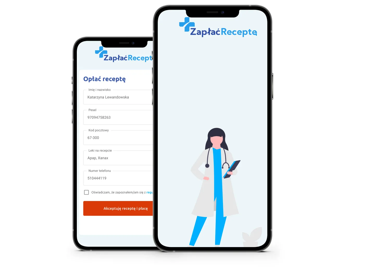 Phone mockups showing a prescription payment form and doctor illustration