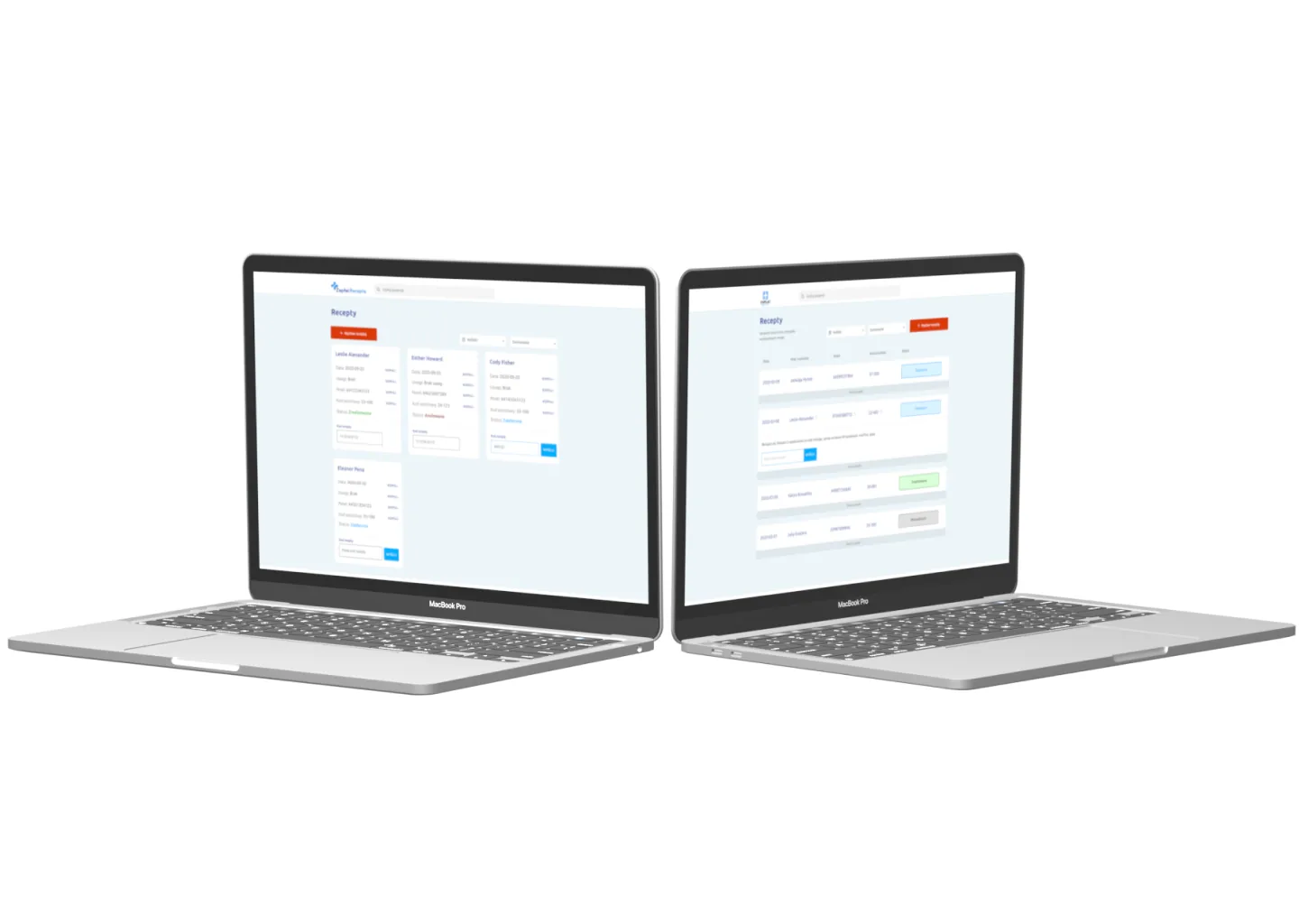 Two laptops showing a prescription admin list and table view