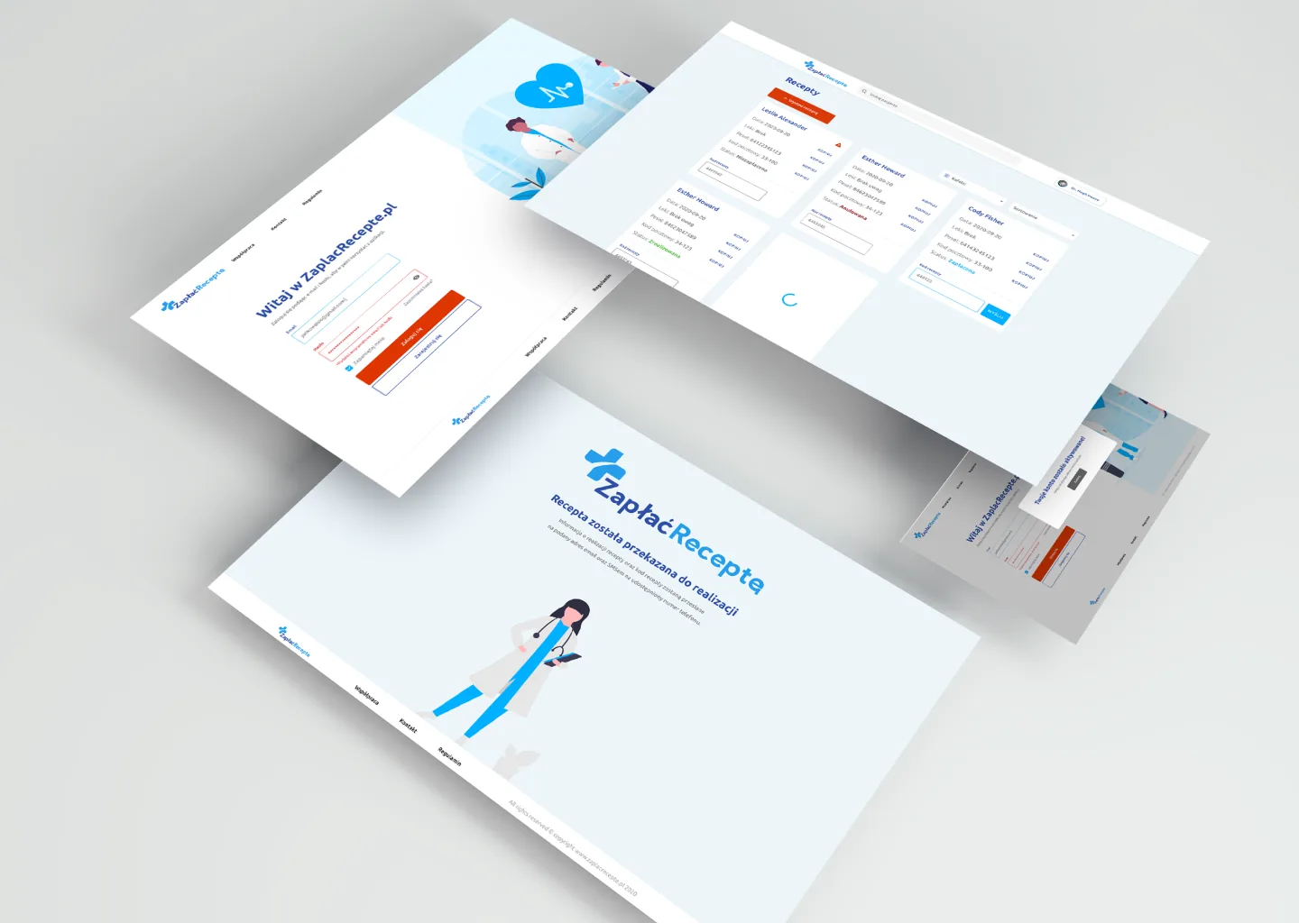 Floating webpage mockups showing login screen and prescription dashboard