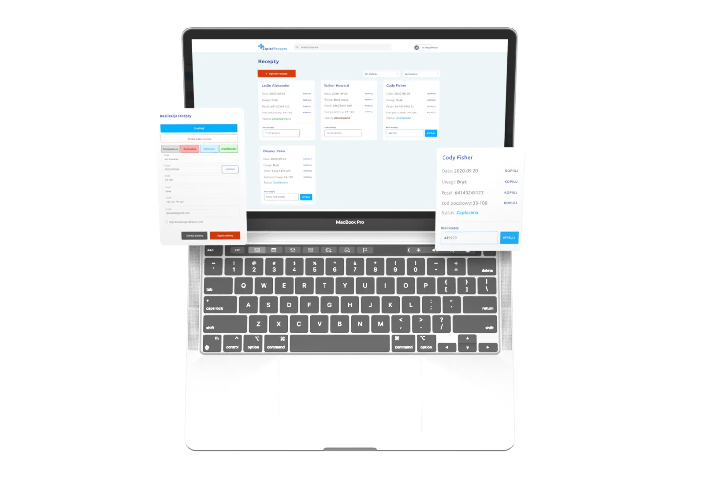 Laptop screen with floating prescription detail panels